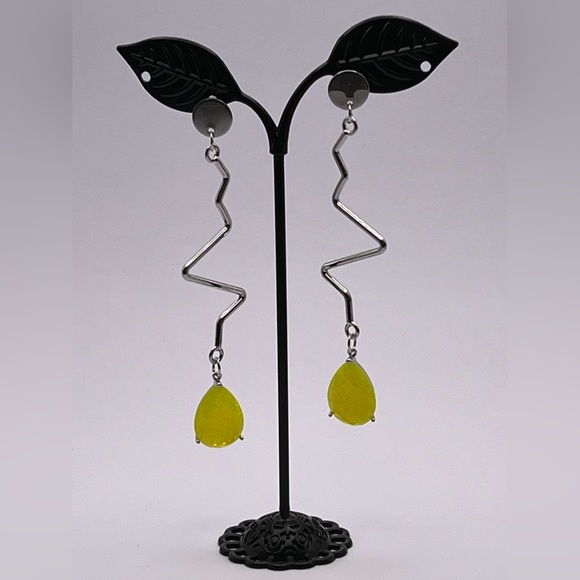 Minimalist Retro Silver & Yellow Earrings - Mid-Century Long Statement Earrings - Picture 15 of 15